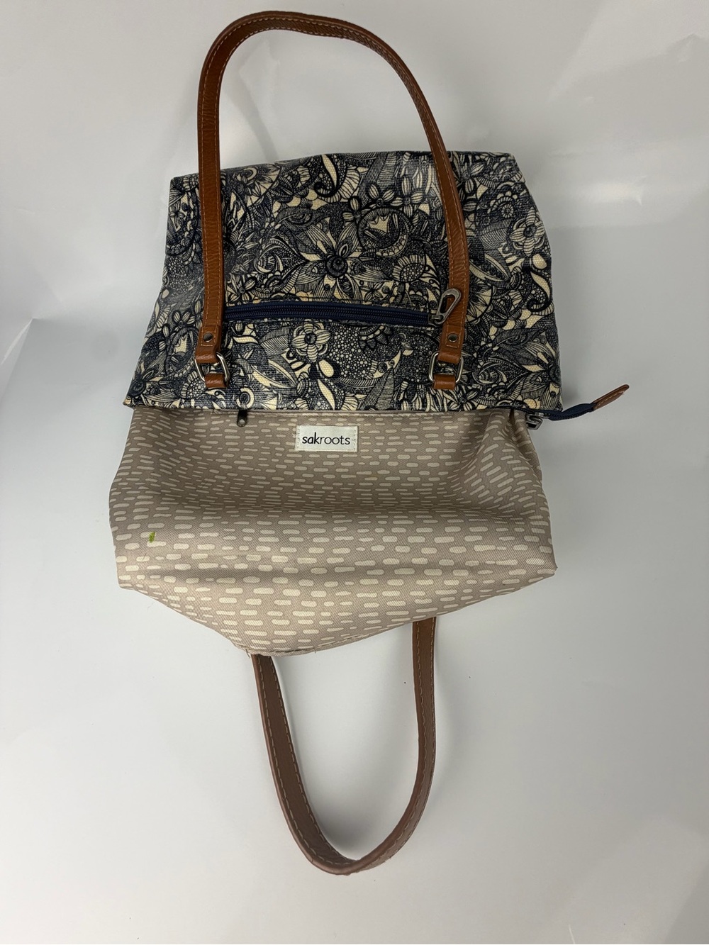 Sakroots Floral Canvas Tote Bag Brown Leather Straps Zip Top - Picture 10 of 14